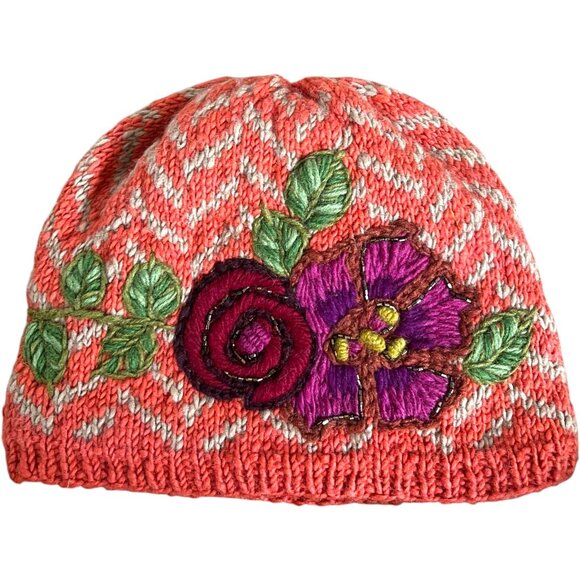 French Knot Wool Knit Beanie Made in Nepal Flower Floral Applique Fleece Lined - Picture 1 of 11